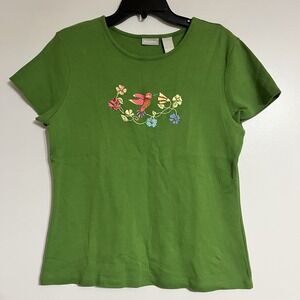 Vintage Field Gear Embroidered Beaded T-Shirt Green Size XL Hummingbird & Flower